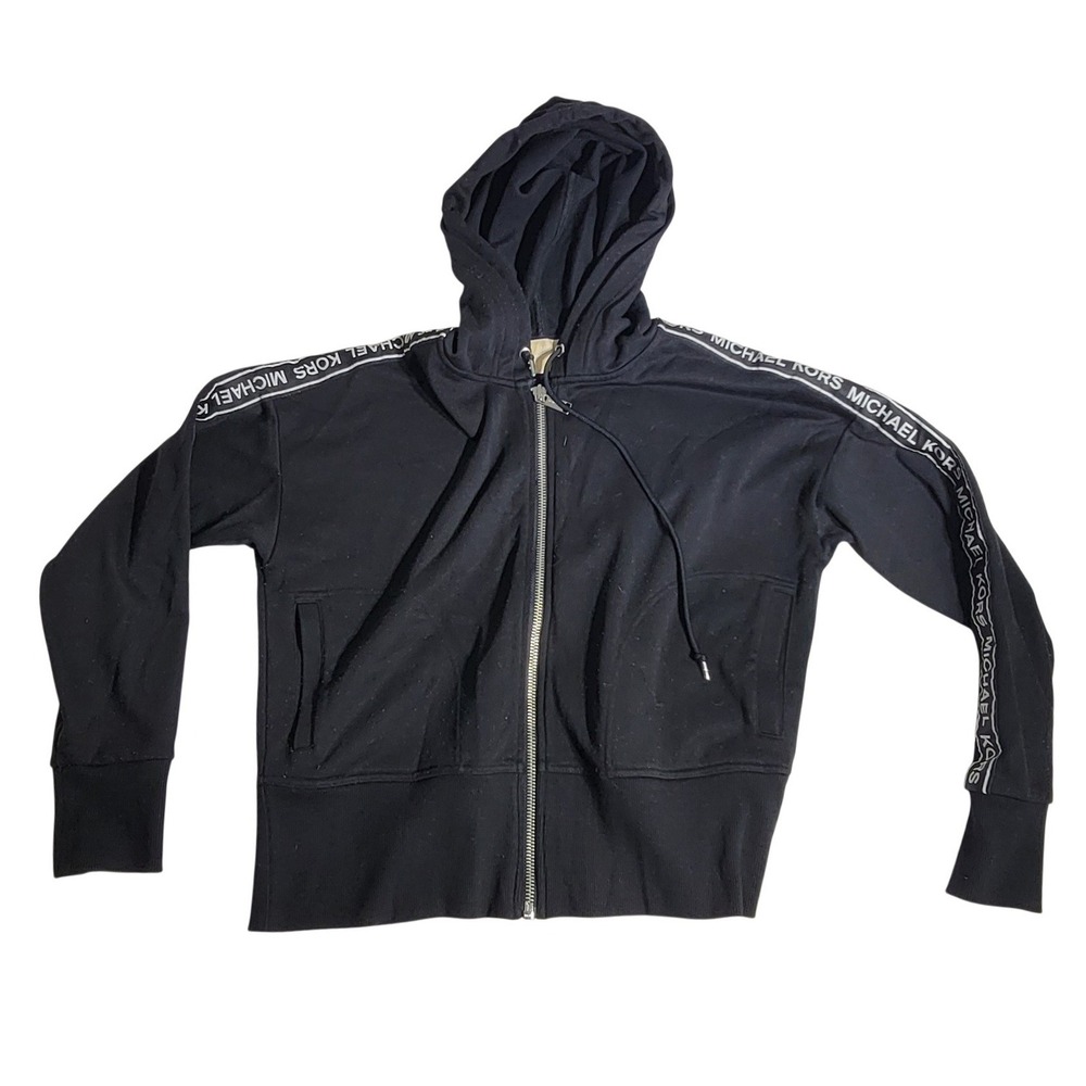 Michael Kors Womens Black Logo Tape Full Zip Hoodie Sweatshirt Large